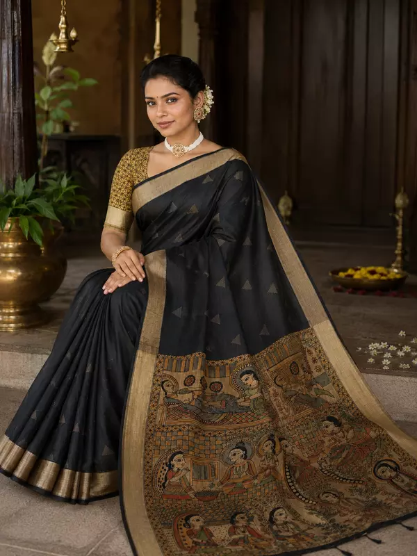 Black mullai tussar silk saree