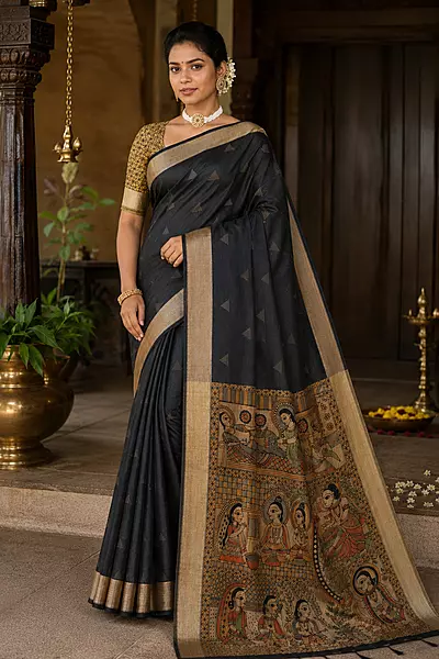 Black mullai tussar silk saree
