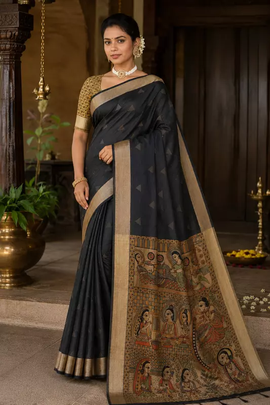 Black mullai tussar silk saree