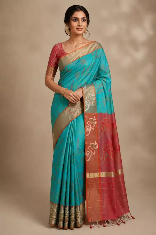 Turquoise green pochampalli cotton saree