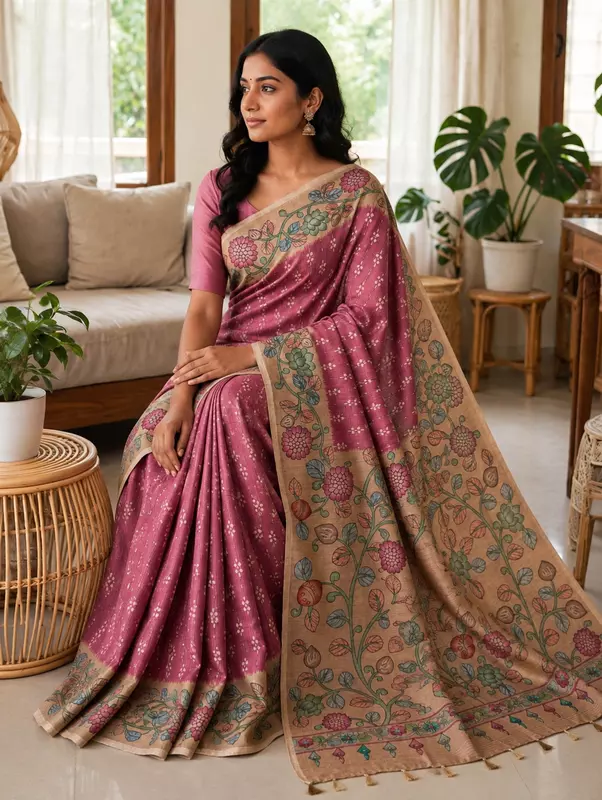 Onion pink kalamkari saree