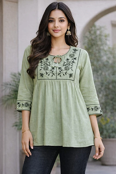 Olive green frock style short kurti