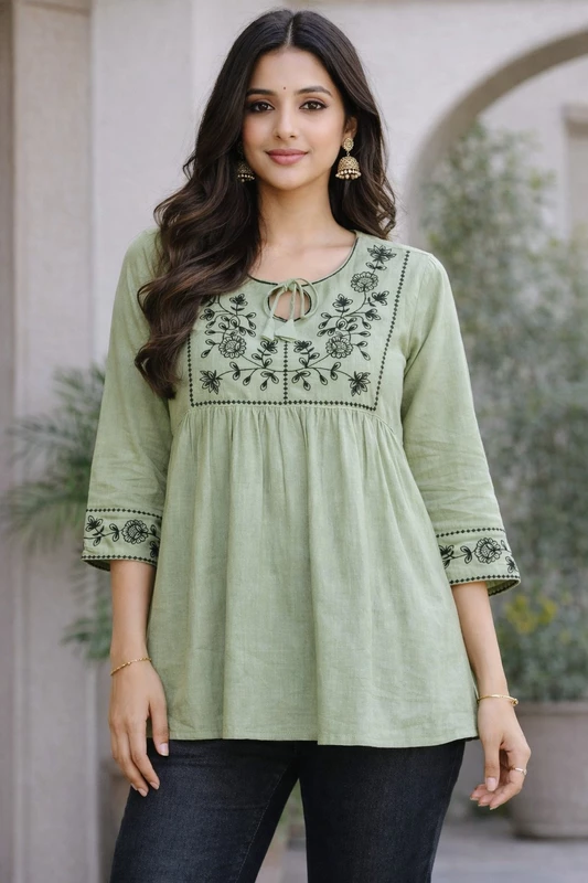 Olive green frock style short kurti
