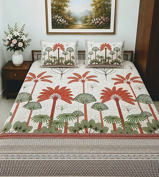 Sanganeri Coconut tree Print Bedsheet