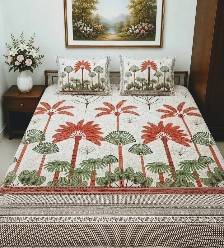 Sanganeri Coconut tree Print Bedsheet
