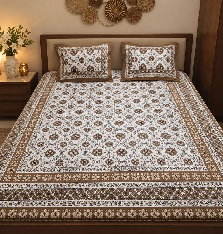 Jaipuri cotton white brown bedsheet