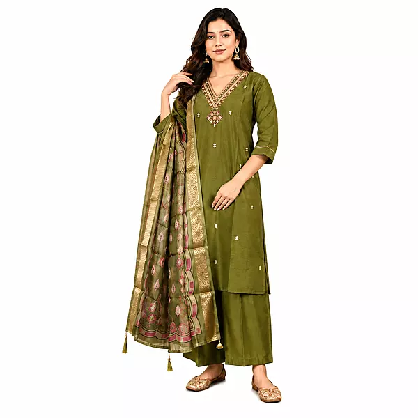 Green kurti pant set with dupatta