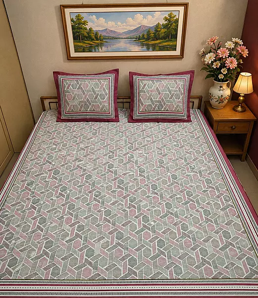 Jaipuri Cotton Pink Double bedsheet in graphic print
