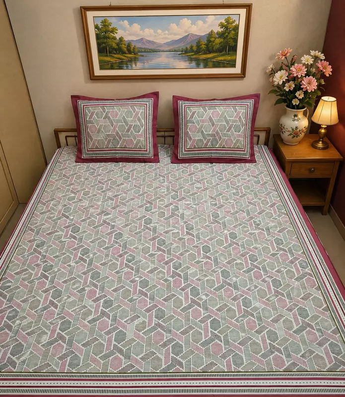Jaipuri Cotton Pink Double bedsheet in graphic print