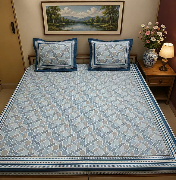 Jaipuri Cotton Blue bedsheet in graphic print