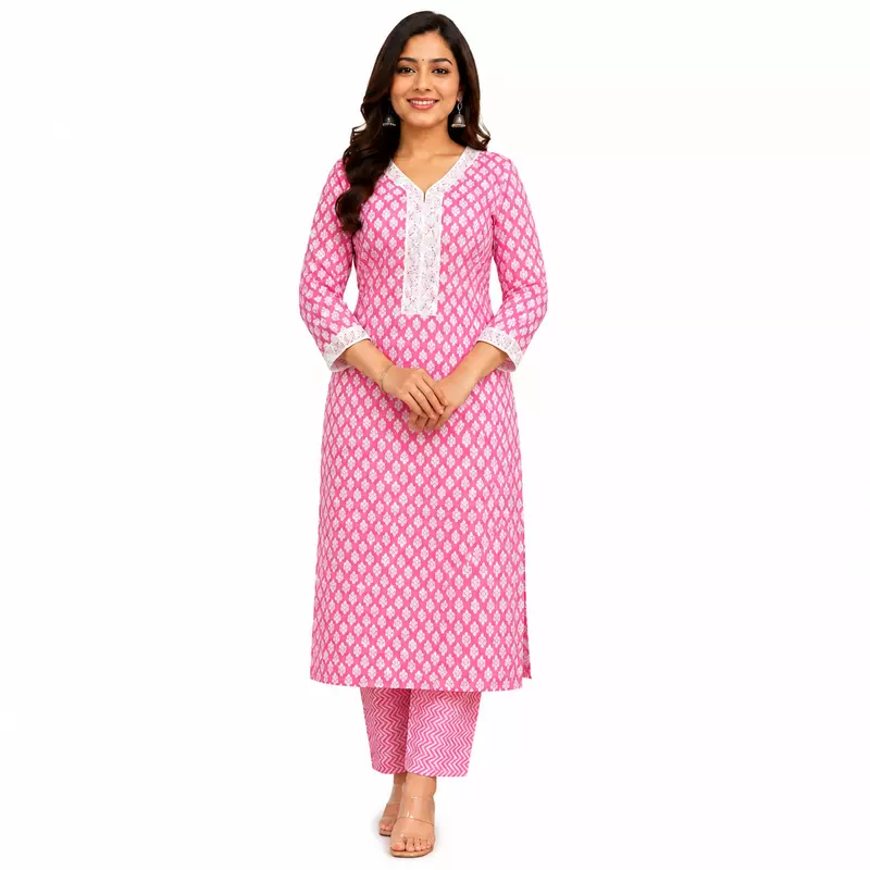 Pink Cotton kurta pant set with dupatta