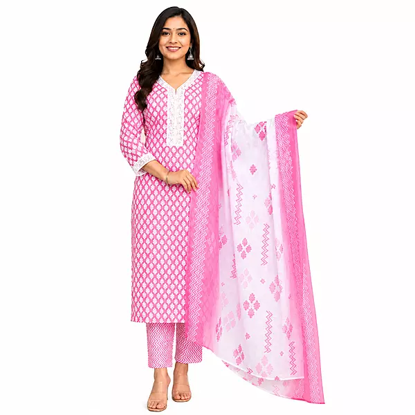 Pink Cotton kurta pant set with dupatta