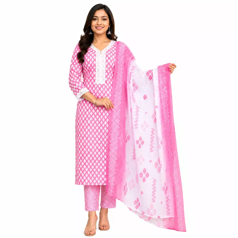 Pink Cotton kurta pant set with dupatta