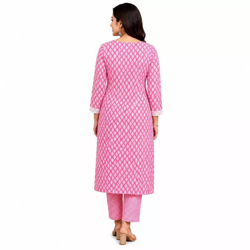 Pink Cotton kurta pant set with dupatta