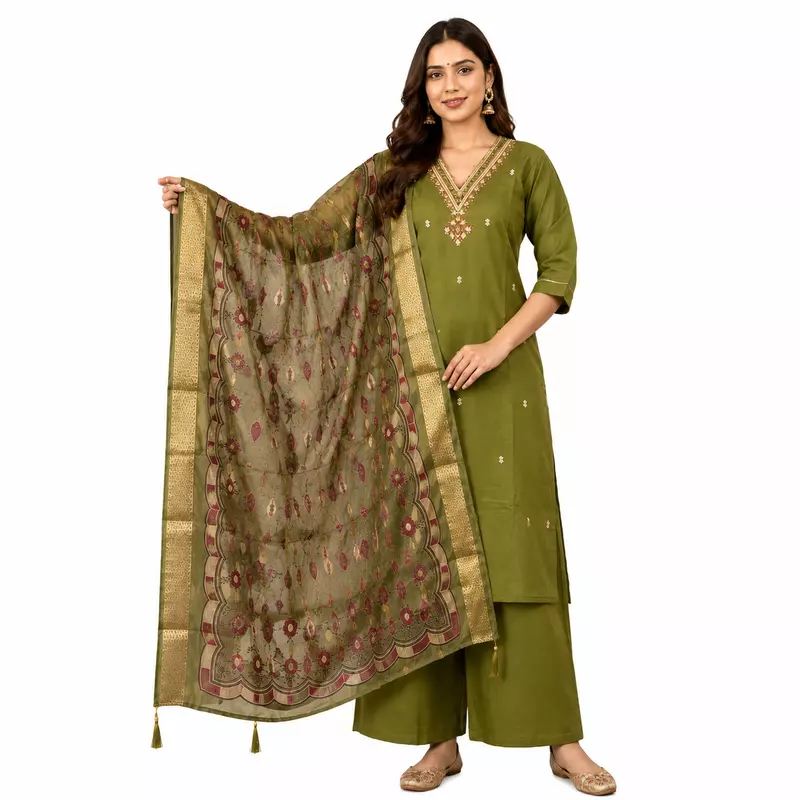 Green kurti pant set with dupatta