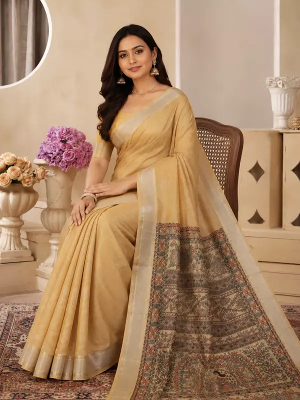 Mustard mullai tussar silk saree