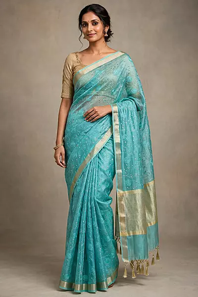 Turquoise blue tissue saree