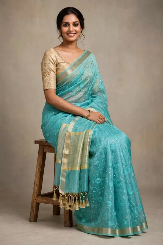 Turquoise blue tissue saree