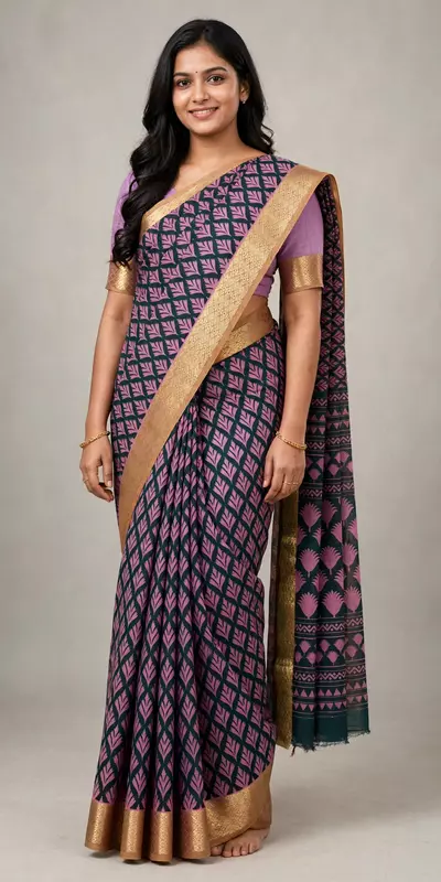 Mauve and black mix cotton saree