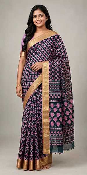 Mauve and black mix cotton saree