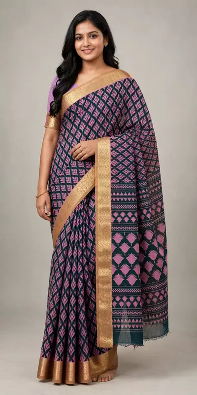 Mauve and black mix cotton saree