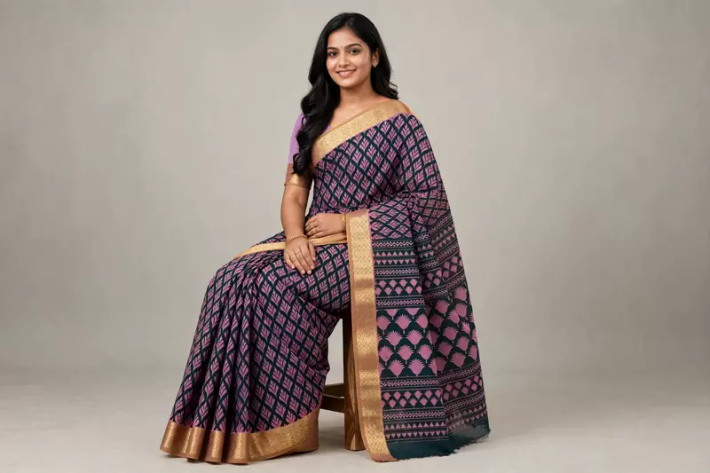 Mauve and black mix cotton saree