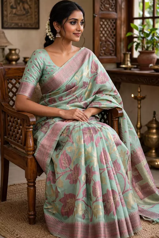 Pista green kashmiri silk saree
