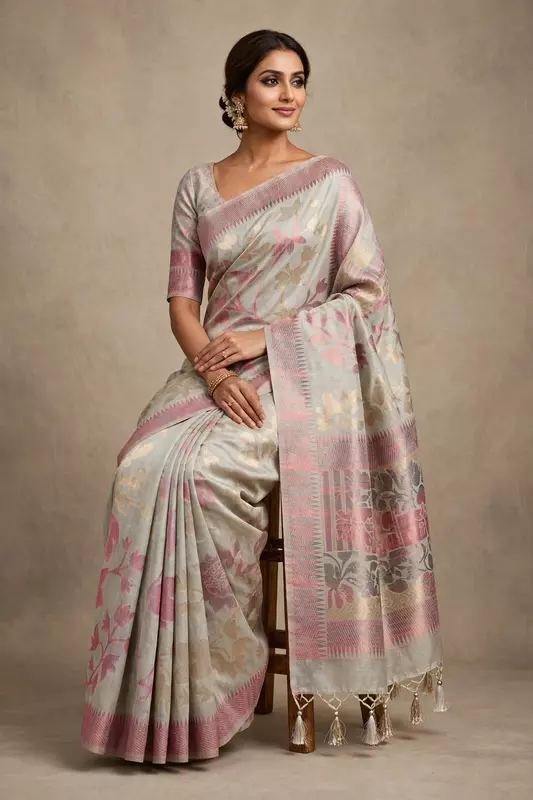 Grey kashmiri silk saree