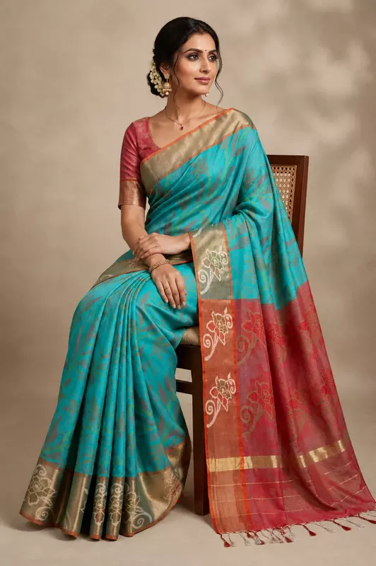 Turquoise green pochampalli cotton saree