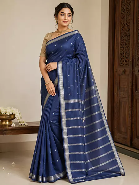 Navy blue baswada cotton blend saree