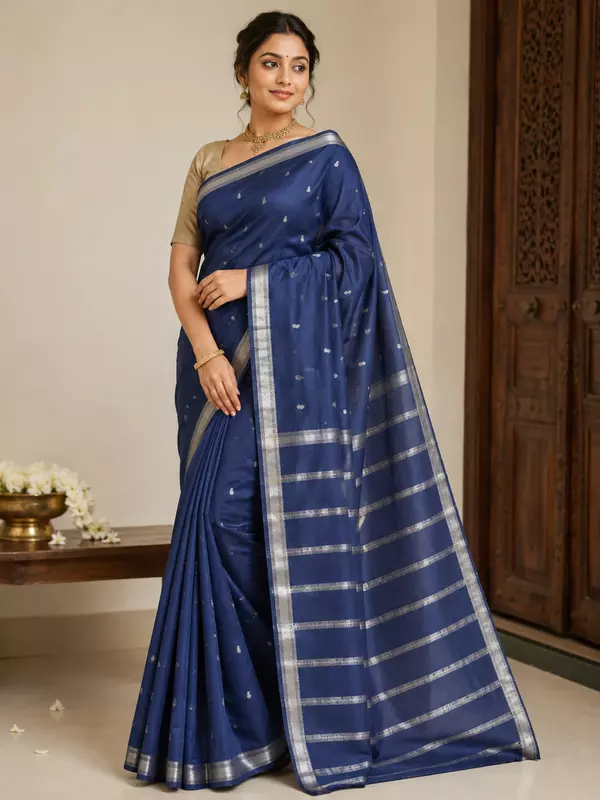 Navy blue baswada cotton blend saree