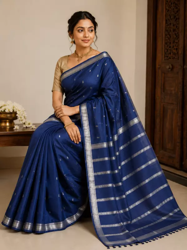 Navy blue baswada cotton blend saree