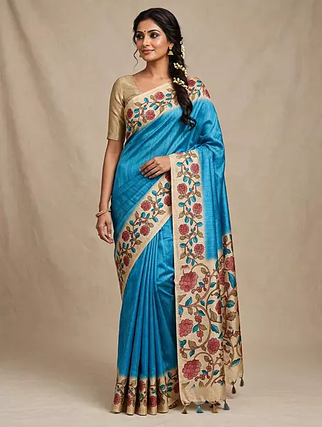 Turquoise blue plain saree with kalamkari border and pallu