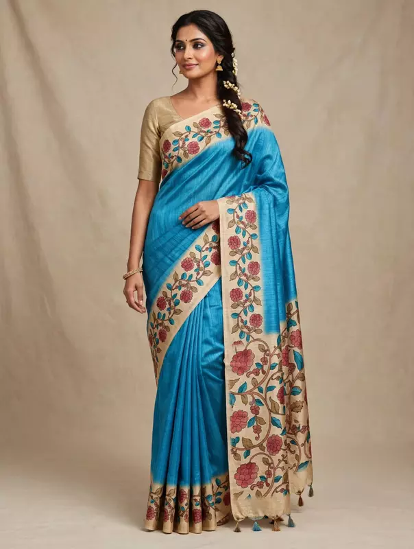 Turquoise blue plain saree with kalamkari border and pallu