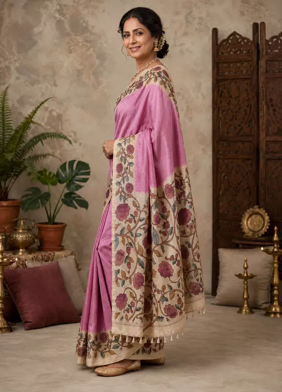 Onion plain saree with kalamkari border and pallu