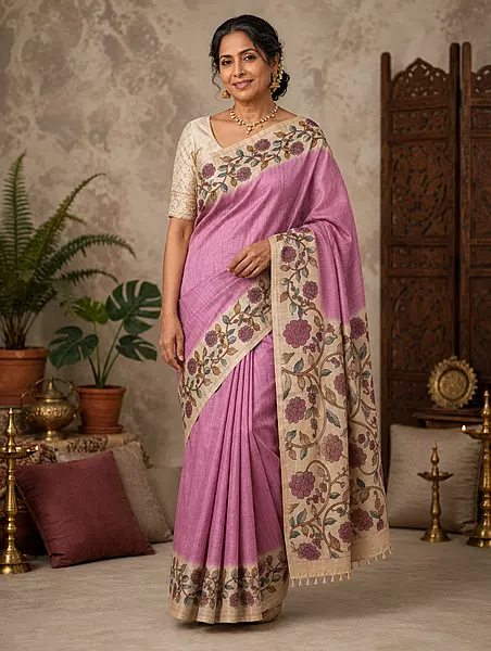 Onion plain saree with kalamkari border and pallu