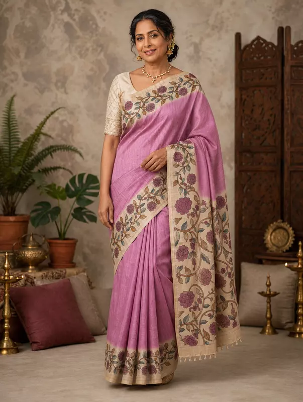 Onion plain saree with kalamkari border and pallu