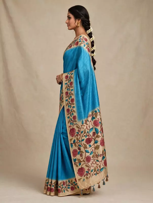Turquoise blue plain saree with kalamkari border and pallu