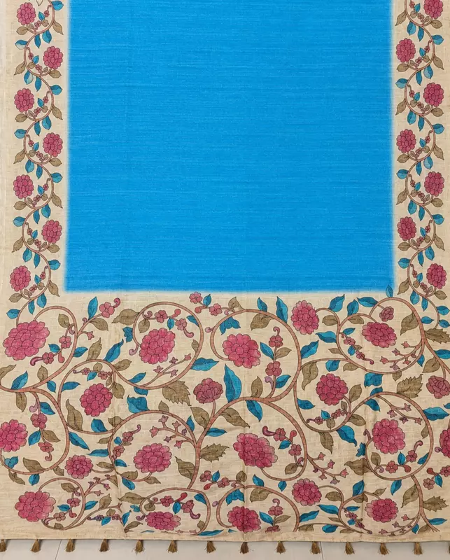 Turquoise blue plain saree with kalamkari border and pallu