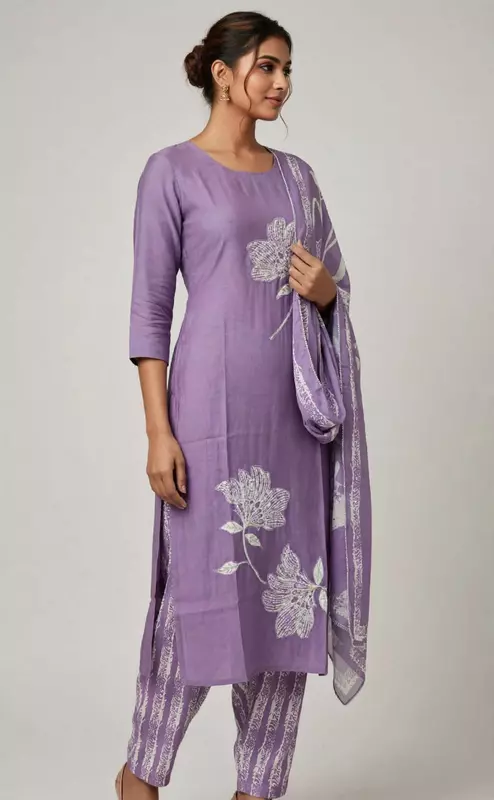 Roman silk kurti pant set with dupatta in mauve