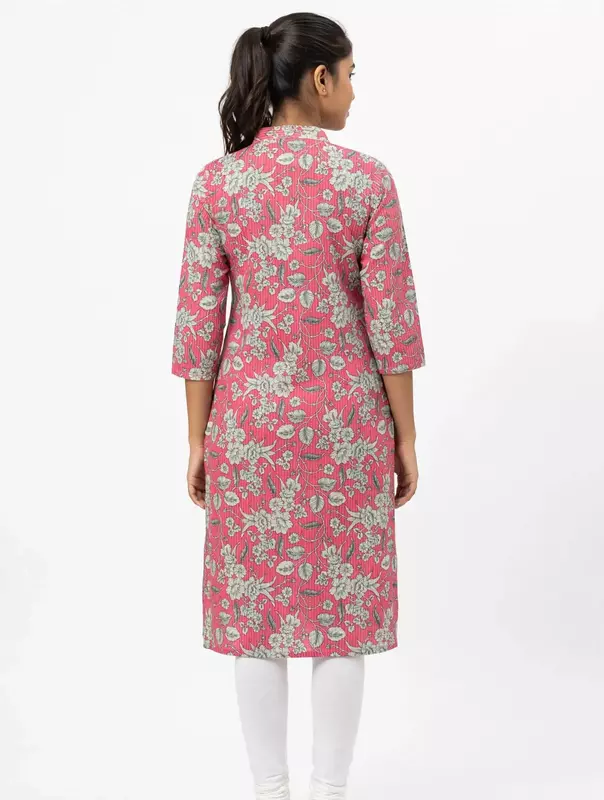Pink kantha style printed kurta