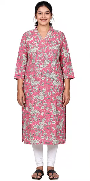Pink kantha style printed kurta