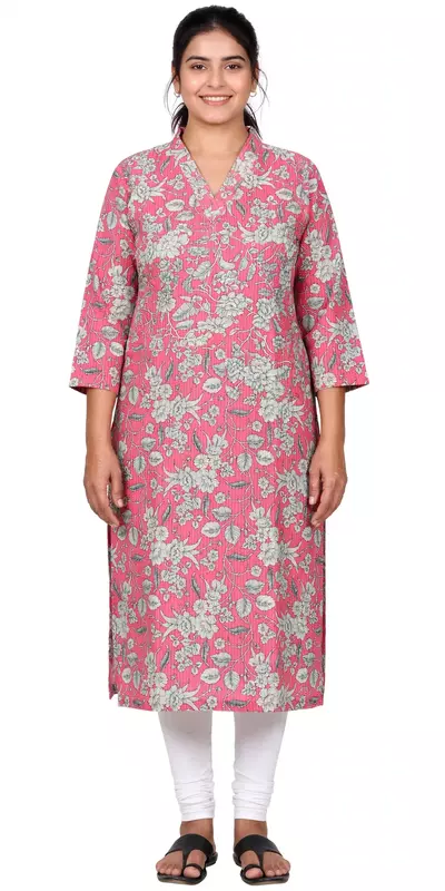 Pink kantha style printed kurta