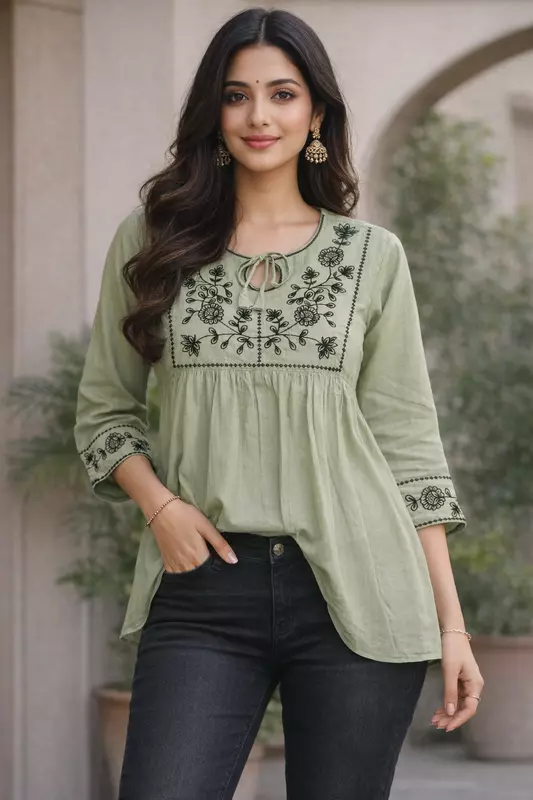 Olive green frock style short kurti