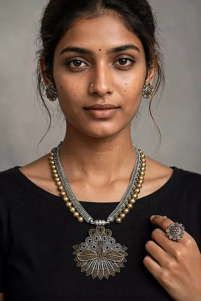Oxidised long peacock pendant necklace