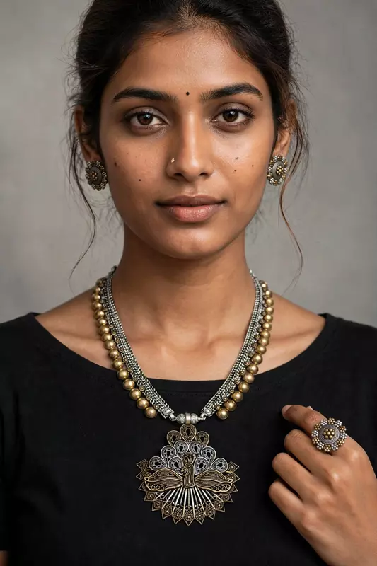 Oxidised long peacock pendant necklace