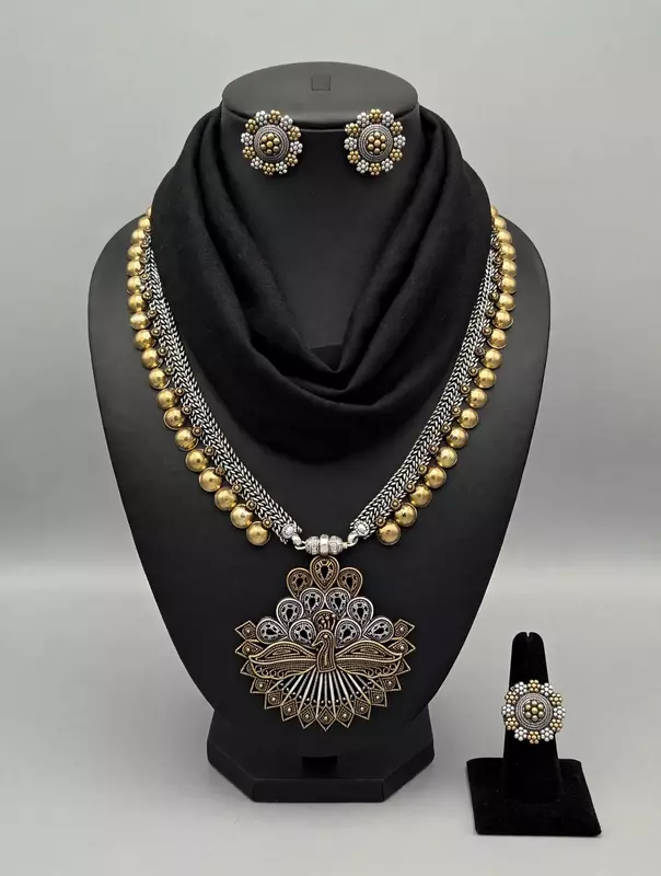Oxidised long peacock pendant necklace