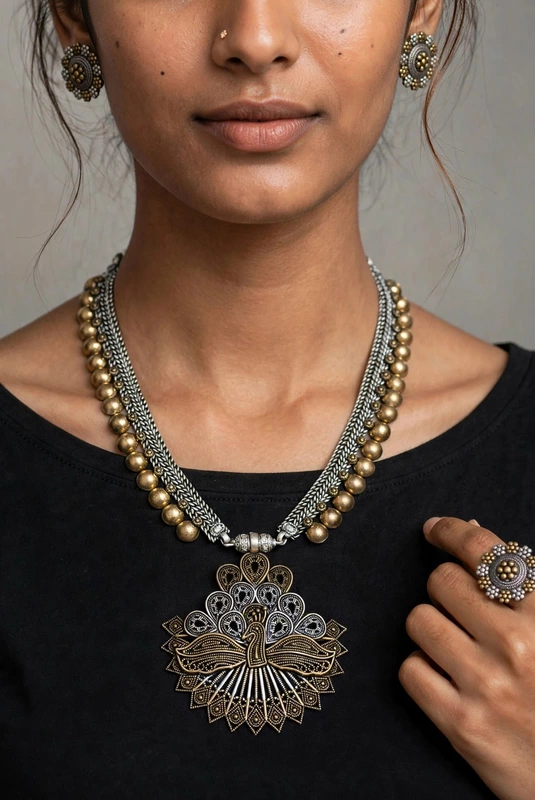 Oxidised long peacock pendant necklace