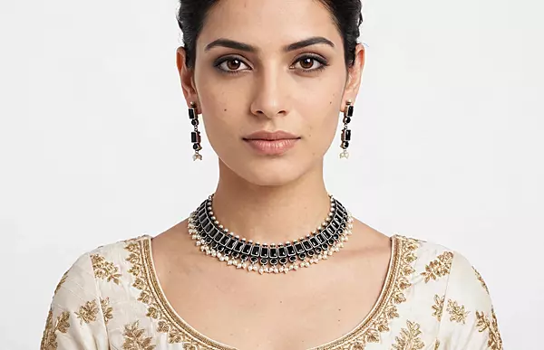 Black stone studded oxidised choker necklace with matching black drop earrings