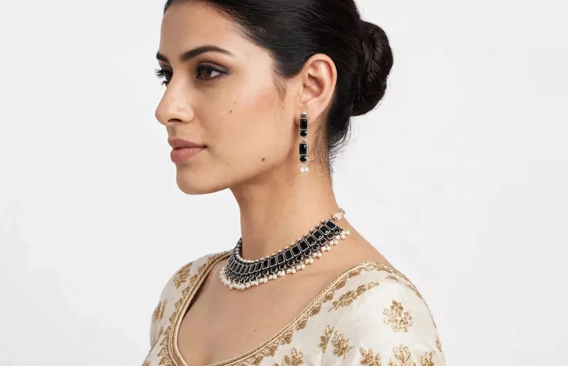 Black stone studded oxidised choker necklace with matching black drop earrings